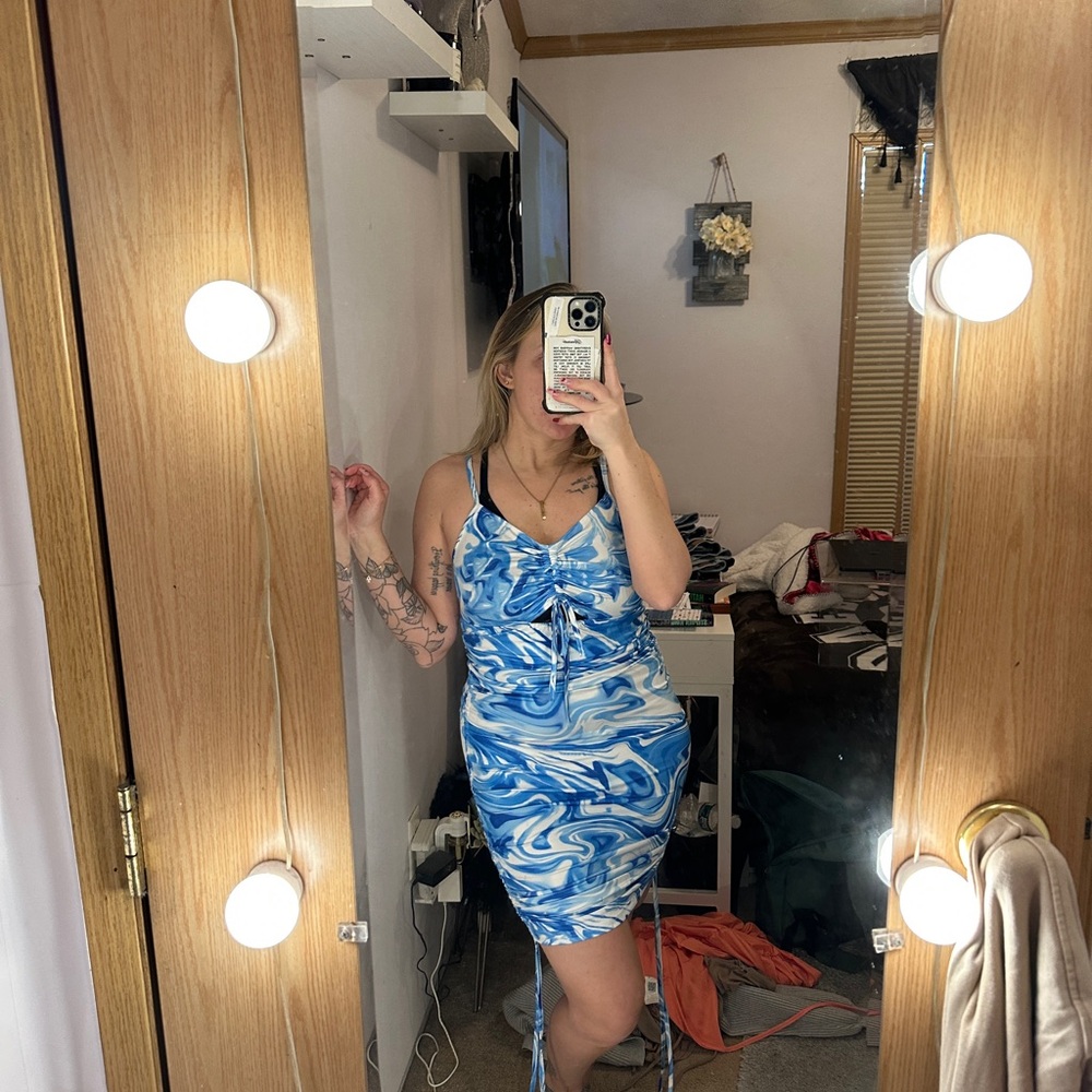 Blue and White Bodycon Mini Dress with Spaghetti Straps